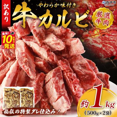 ふるさと納税 西予市 &lt;やわらか味付き 牛カルビ 約1kg(500g×2)&gt; 特製タレ漬け 厚切り 切れ目入り 焼くだけ