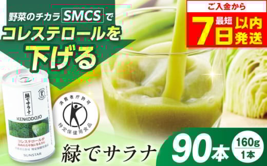 【最短7日以内発送】サンスター 緑でサラナ160g30本 ×3ケース（合計90本） 野菜ジュース 青汁 サラナ 缶 ケース まとめ買い 健康 特定保健用食品 トクホ コレステロール 保存料不使用 無添加 国産 長期保存 常温 防災 健康習慣 野菜不足解消 コレステロールを下げる 特定保健用食品 トクホ ドリンク 飲料 健康ドリンク ケース販売 備蓄 大阪府高槻市/サンスター[AOAD033]