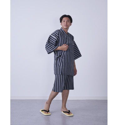 筑後市産織物　紳士用甚平(しじら織・縞柄) 黒 Mサイズ