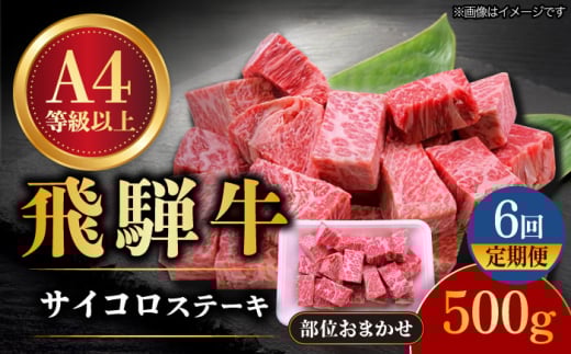 【6回定期便】 飛騨牛 サイコロステーキ 部位おまかせ 500g A4等級以上 和牛 ブランド牛 国産 牛肉 多治見市 / 渡辺精肉店 [TAZ040]