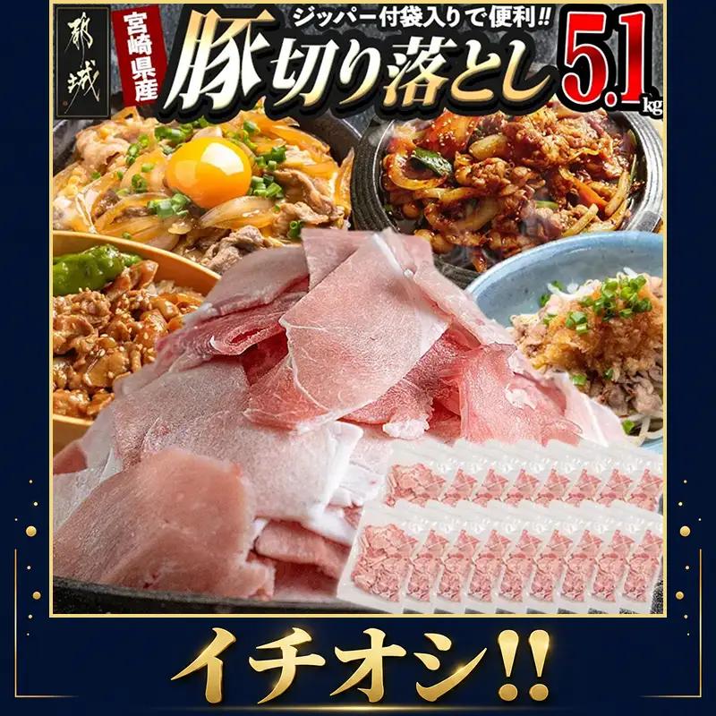 宮崎県産 豚肉切り落とし5.1kg(ジッパー付袋入り)〔18-15-009-5100g〕 豚肉 都城市 イチオシ!!