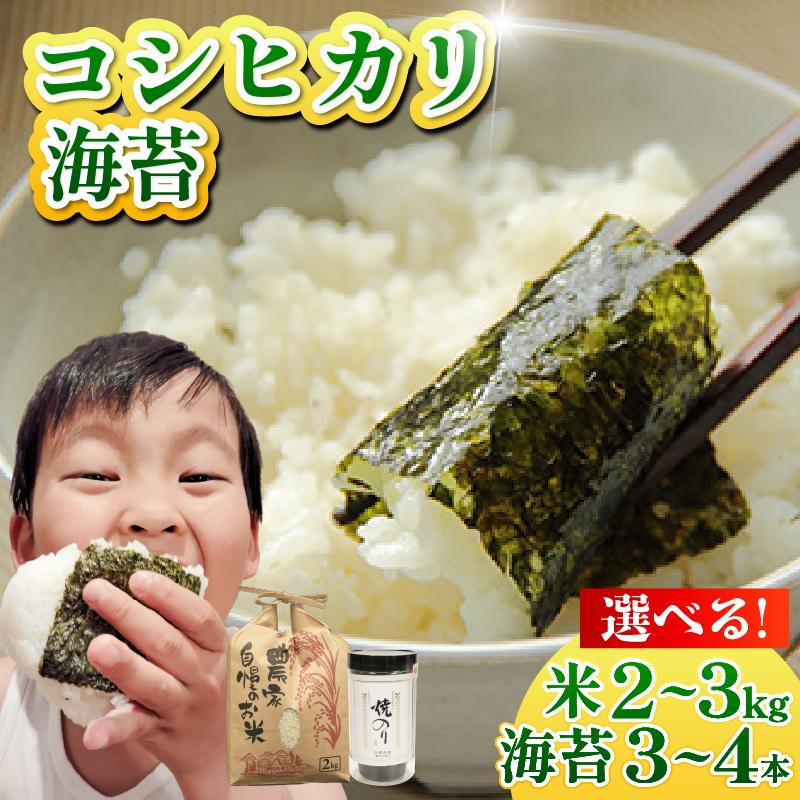 
                  お米 コシヒカリ 海苔 セット 選べる 容量 米 2kg 3kg 海苔 3本 4本 味付け海苔 焼き海苔 令和7年産 米 こめ 海苔屋の米 ご飯 卓上海苔 ごはん おにぎり 白米 食品 備蓄 備蓄米 保存 防災 ギフト 贈答 プレゼント お取り寄せ グルメ 送料無料 徳島県 阿波市 三興海苔株式会社
                