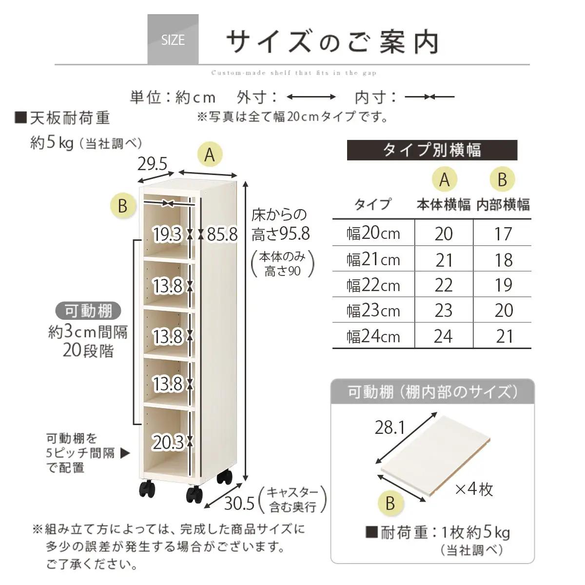 【国産家具】オーダーすき間ラック〔幅20cm・キャスター・ロータイプ〕（ホワイトウッド）隙間収納 キャスター付き キッチン 洗面台 隙間 収納 洗濯機横 隙間収納ラック ラック 薄型 木製 約 奥行3