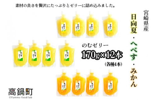 
＜宮崎県産 日向夏・へべす・みかんの のむゼリー各170g 合計12本＞翌月末迄に順次出荷
