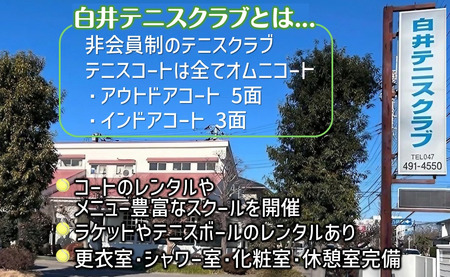 白井テニスクラブ利用券 3,000円分 レンタルテニスコート＆スクール対応 ラケットやボールの貸出あり 手ぶらでテニス レンタルテニスコート レンタルコート テニス練習 テニススクール 体験レッスン 