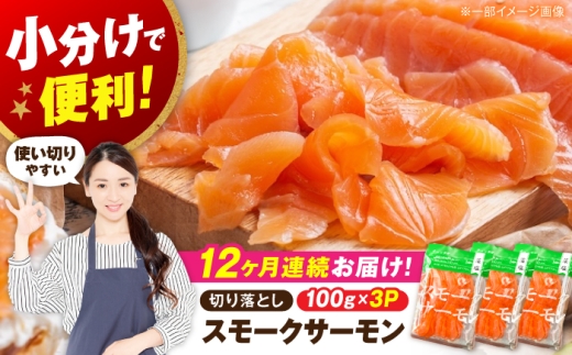 【全12回定期便】サーモン 鮭 スモークサーモン  （切り落とし）100ｇ×3パック 滋賀県長浜市/株式会社中村屋[AQAJ037]  サーモン 鮭 スモークサーモン スモークサーモン 鮭 燻製 刺身 お取り寄せ グルメ 魚介類 前菜 おつまみ サラダ シーフード クリームチーズ サンドイッチ 海鮮セット パーティー用 人気 プレゼント ギフト 贈答