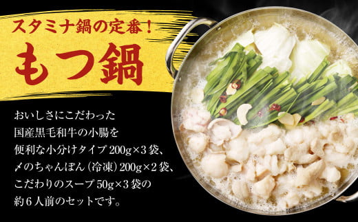 国産黒毛和牛もつ鍋（醤油味）6人前 冷凍ちゃんぽん・濃縮スープ付＋ハーブ育ちチキン使用！水炊き4人前 合計10人前