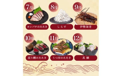 【須崎 の 鮮魚 定期便 】旬 の 刺身 定期便 12回 コース 野島水産 が お届け！ | 下処理済み かつお かつおのたたき 藁焼き タタキ 鯛 真鯛 マグロ 牡蠣 しらす 伊勢海老 セット 高知
