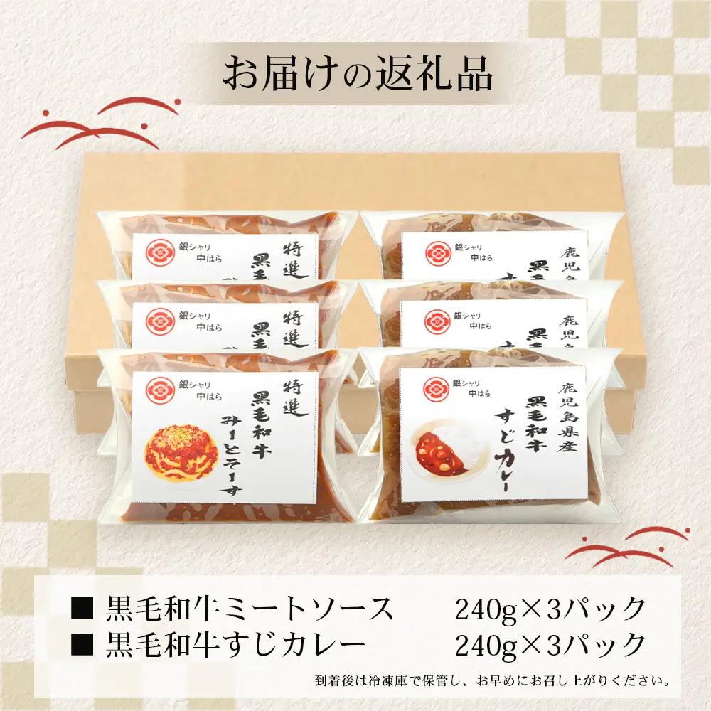 ［2種類］＼日本料理人の手作り／ 鹿児島県産 黒毛和牛レトルトパック 2種セット ≪合計6パック≫ ミートソース（240g×3パック）/すじカレー（240g×3パック） GN-12｜鹿児島県 南大隅町