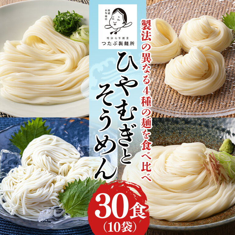 【ふるさと納税】 麺 ひやむぎ そうめん 堪能 セット 10袋 まっすぐ麺 曲がり麺 送料無料 y12-112