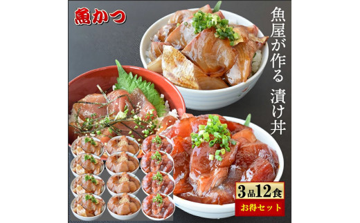 
漬け丼 3種×4パック 計12食セット 冷凍 真空パック 小分け 海鮮丼 海鮮セット 詰め合わせ 旬の鮮魚 🐟 ハマチ カンパチ カツオ 鯖 サバ ヒラマサ 平政 マグロ アジ ヒラメ 鯛
