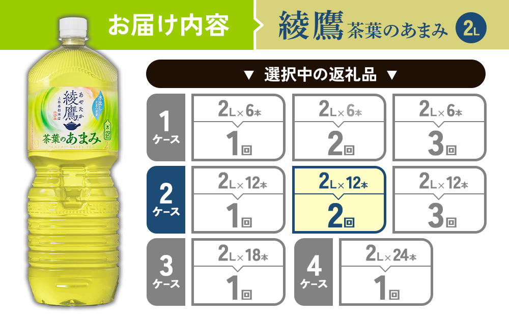【2回定期便】綾鷹 茶葉のあまみ 2L PET【コカ・コーラ】ペットボトル 2ケース(12本)定期便 2回(24本)セット お茶 緑茶 日本茶 茶葉 あまみ 送料無料