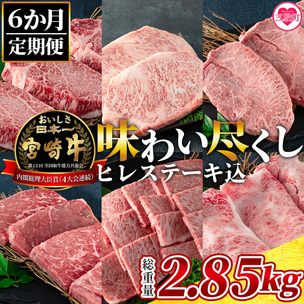 【ふるさと納税】＜【定期便6ヶ月】総重量2.85kgの宮崎牛味わい尽くし(ヒレステーキ込)＞宮崎県 国産 宮崎牛 ロースステーキ 肩ロース スライス ヒレステーキ ミスジ 肩ロース クラシタ 焼肉【MI158-my】【ミヤチク】