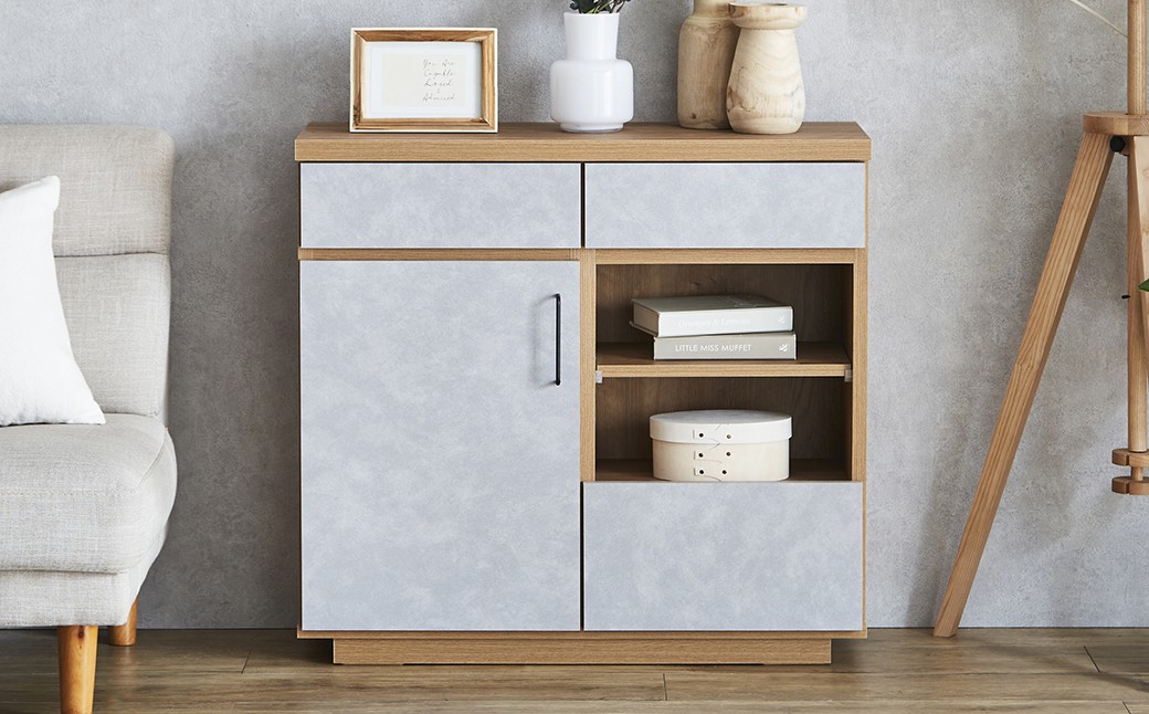 
            ハリーファ80キャビネット 収納棚 強化紙 フルオープン三段レール ナチュラル 木目 ストーン柄 北欧モダン リビング スリム 家具 インテリア 福岡県 柳川市 送料無料
          