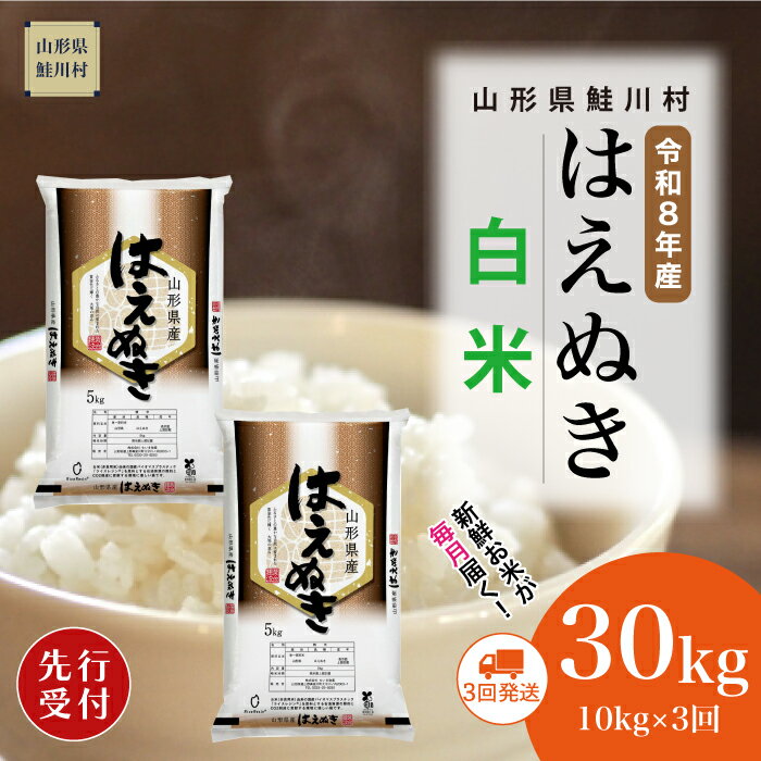 【ふるさと納税】＜令和8年産米先行受付＞ 鮭川村 はえぬき 【白米】30kg （10kg×1ヶ月間隔で3回お届け）＜配送時期選べます＞