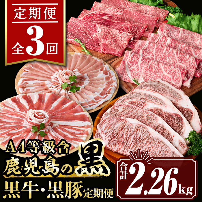【ふるさと納税】《先行予約受付中！2025年2月より順次発送》【定期便3回】鹿児島の黒!! 黒牛・黒豚 定期便(合計2.26kg) 肉 牛肉 ステーキ 霜降り すきやき しゃぶしゃぶ 牛しゃぶ 冷凍 ロース カタロース サーロイン 黒豚 豚肉 スライス【サンキョーミート株式会社】