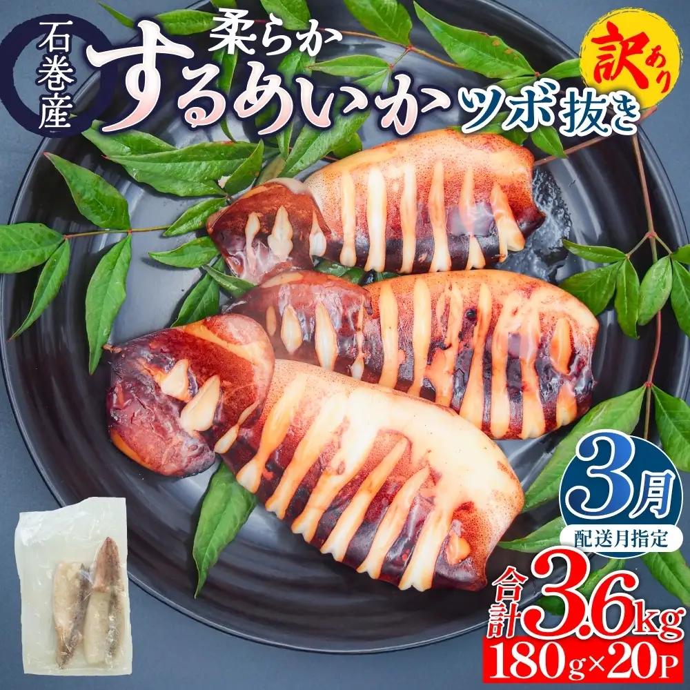 【3月配送】 訳あり 石巻産 柔らか するめいか ツボ抜き 180g × 20P スルメイカ いか イカ 烏賊 不揃い 小分け 下処理済み 時短調理 こだわり 冷凍 海鮮 魚介 おかず おつまみ 煮物 焼きイカ BBQ バーベキュー 宮城県 石巻市