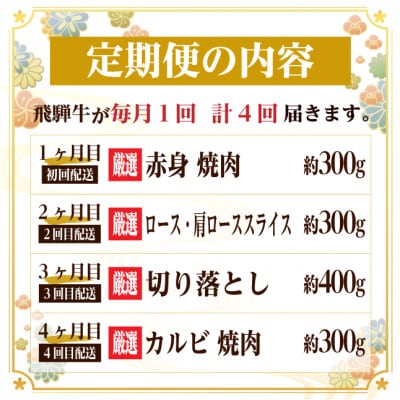 【毎月定期便】飛騨牛　厳選少なめ定期便　計1.3kg　カルビ・赤身(焼肉・BBQ用)ロース全4回【配送不可地域：離島】
