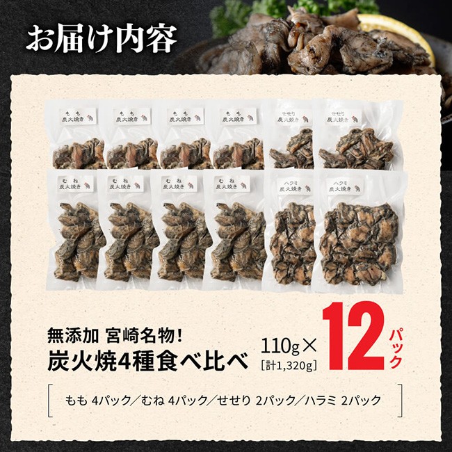 【無添加】宮崎名物！炭火焼4種食べ比べ計1,320g(110g×12パック) 【 国産 九州産 宮崎県産 肉 鶏肉 もも むね セセリ ハラミ 宮崎名物 炭火焼き鳥 郷土料理 】[C00808]