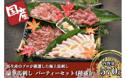 【国産】豪華馬刺し パーティーセット 4種盛り 熊本 馬刺し 4種 570g 盛合わせ 切れてる 特上 霜降り 上赤身 タテガミ フタエゴ 詰め合わせ セット 馬肉 馬 生食用 豪華 贈答用 ギフト JSファーム お中元 お歳暮 阿蘇 南小国町 送料無料