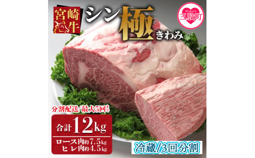 ＜宮崎牛『シン極(きわみ)』ロース肉約7.5kg、ヒレ肉約4.5kg (冷蔵・3回分割)＞ 国産ブランド牛 黒毛和牛【MI019-nk-c-03】【中村食肉】