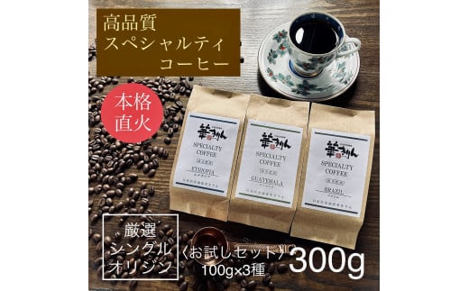 【華きりん】高品質スペシャルティコーヒー豆　厳選シングルオリジン　お試しセット100g×3種類（合計300g）豆