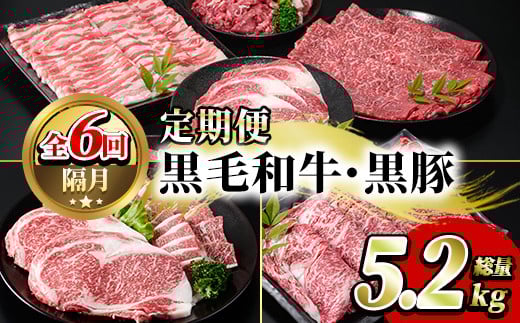 
            ＜定期便・全6回(偶数月)＞鹿児島県産黒毛和牛・黒豚定期便(総量約5.2kg)国産 九州産 鹿児島産 牛肉 国産牛 豚肉 サーロイン ステーキ 切り落とし 切落し カルビ 焼肉 焼き肉 焼肉セット 黒豚 バラ肉 すき焼き しゃぶしゃぶ 頒布会 a-120-1-z
          