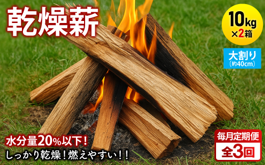 ＜毎月定期便＞乾燥薪 キャンプ用 10kg×2箱 大割(約40cm) 広葉樹ミックス全3回【4087746】