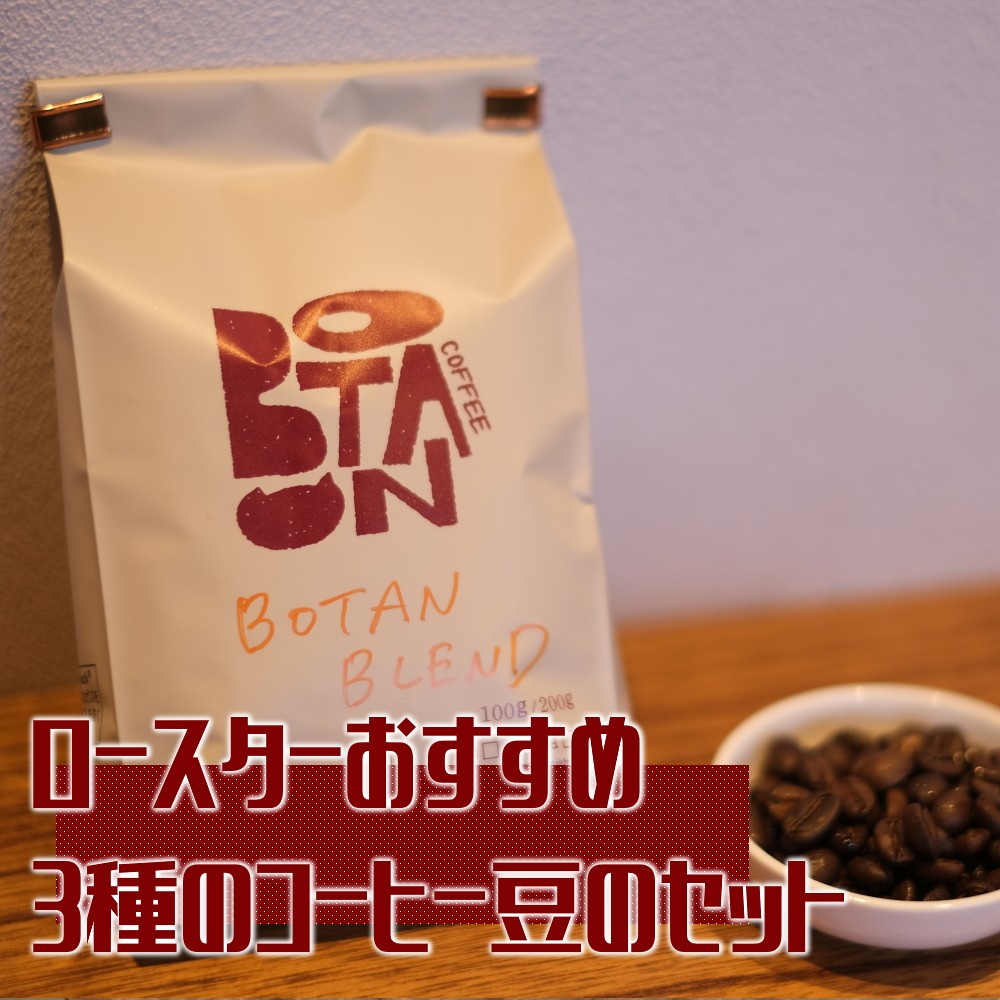 
                  12-53_ロースターおすすめ3種のコーヒー豆のセット｜ コーヒー 珈琲 おすすめ 焙煎 コーヒー豆 珈琲豆 3種 自家焙煎 飲料  珈琲ボタン 飲み比べ セット 犬山市 城下町 愛知県
                