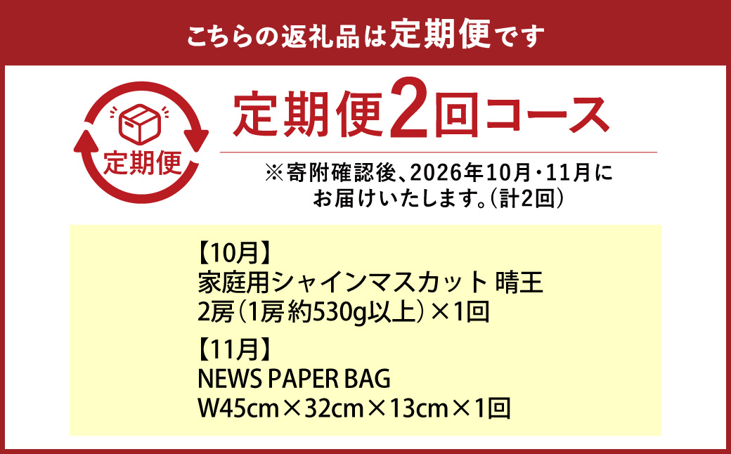 【全2回定期便】 家庭用 シャインマスカット 晴王 2房（1房約530g以上）＋ NEWS PAPER BAG（Hickory） フルーツ 果物 ブドウ ぶどう 葡萄 シャインマスカット マスカット 