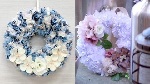 ファブリック 手作りリース （ 寒色系 ）× 1点 ファブリック 手作り リース ファブリック リース 母の日 クリスマス プレゼント ギフト 贈り物 お部屋 玄関飾り インテリア