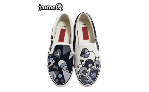 手描きスニーカー「ジョーヌQスリッポン」22.5cm モノクロタイプ アシンメトリー【受注制作】