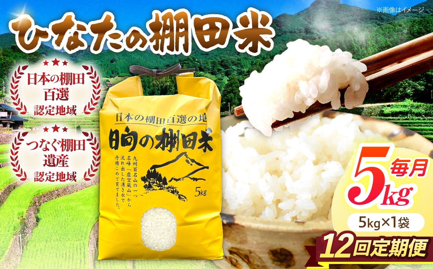
                  【12回定期便】虚空蔵の清流水で育った棚田米『ひなた米』 5kg 【木場中山間管理組合】[OCM048]
                