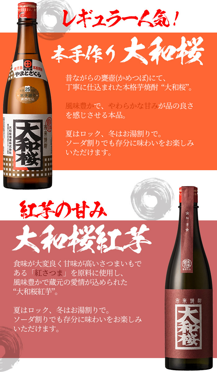 大和桜・大和桜紅芋(720ml×各1本)グラスセット！国産 九州産 鹿児島 酒 焼酎 芋焼酎 人気 飲み比べ セットギフト 贈答【林酒店】【A-1322H】