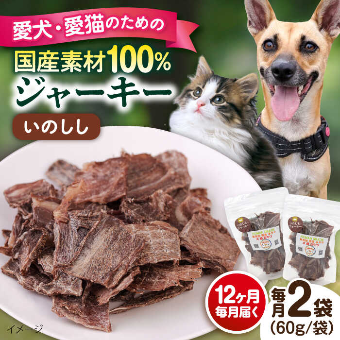 【ふるさと納税】【全12回定期便】いのししジャーキー（60g×2袋） ペット 愛犬 愛猫 おやつ ご褒美 ごはん 猫 犬 てづくり 国産 ドッグフード 【ペットフードYM japan】[AKEX025]