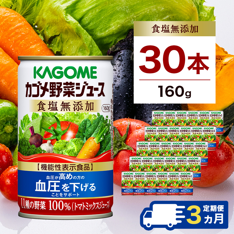 【定期便3ヵ月】カゴメ　野菜ジュース　食塩無添加　160g缶×30本 1ケース 毎月届く 3ヵ月 3回コース ns001-020