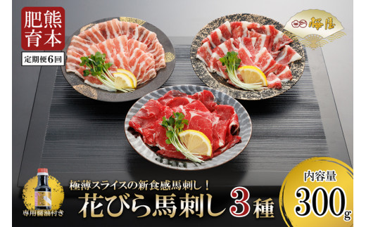 【桜屋】定期便 6回 熊本と畜 新感覚 花びら馬刺し3種 300g 専用醤油 150ml 1本付 肩ロース サガリ フタエゴ スライス 各100g 極薄 阿蘇 熊本肥育 馬肉 新鮮 新感覚 馬刺し タレ 真空パック 老舗専門店 馬刺しの桜屋 ギフト 贈答用 記念日 冷凍