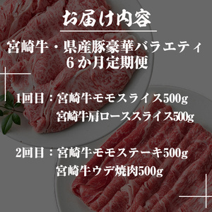 【定期便・全6回(連続)】宮崎牛・県産豚豪華バラエティ定期便 お肉 豚肉 牛肉 黒毛和牛 ブランド和牛 冷凍 国産 しゃぶしゃぶ すき焼き 焼肉 BBQ ロース ウデ モモ 赤身 食べ比べ 【R-99