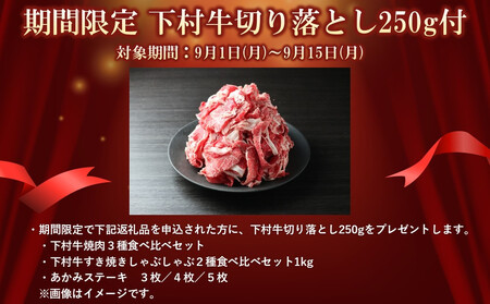 【期間限定】大府特産A5黒毛和牛下村牛特上あかみステーキ　5枚1.0kg入り ＋ 切り落とし250ｇ付き