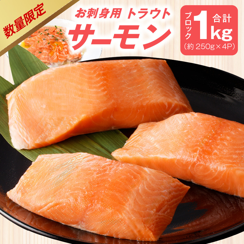 【期間限定】お刺身用 サーモン 1kg ブロック 小分け 約250g×4P ポーション 柵 訳あり サイズ不揃い G1859