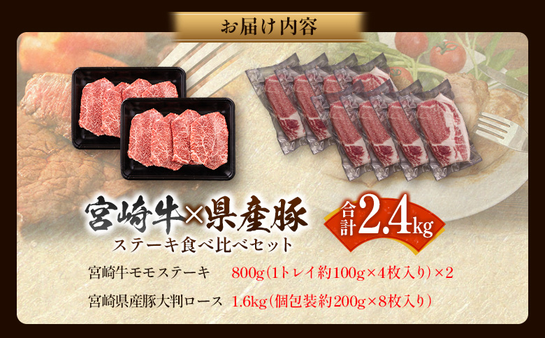 宮崎牛×県産豚 ステーキ食べ比べ 合計2.4kgセット 国産 人気 おすすめ 宮崎県産 ジューシー 冷凍【D155】