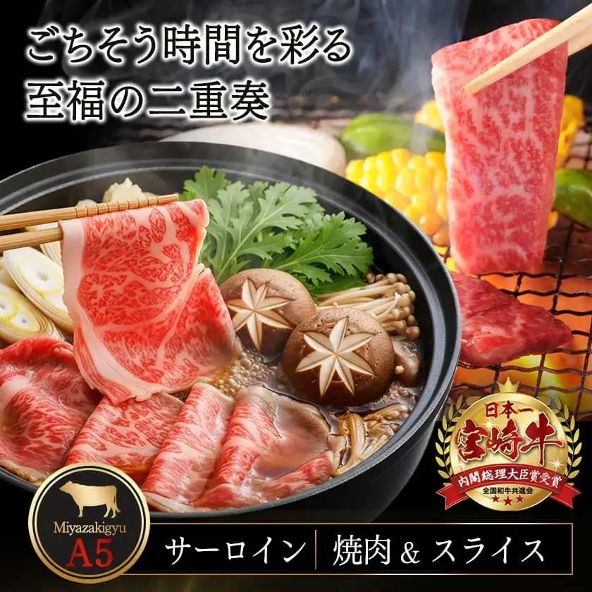 【A5】宮崎牛サーロイン焼肉×スライスギフト1kg【化粧箱入り】〔AI-0102〕_(都城市) 最高級A5ランク 宮崎牛サーロイン 焼き肉用 サーロインスライス 各500g 化粧箱 牛肉 食べ応え ギ