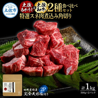 土佐あかうし＆土佐和牛2種食べ比べ 特選スネ肉煮込み角切り500g 計2P 田野屋銀象完全天日塩2P付 牛肉 肉 お肉 和牛 国産 牛 赤身 ヒレ カルビ ロース ブロック【株式会社LATERAL】 