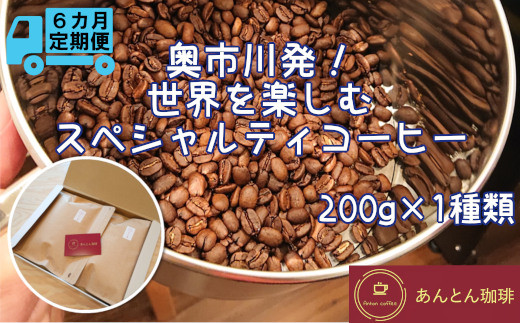 
【奥市川発！定期便6か月】　世界を楽しむ　スペシャルティコーヒー　200g×1種類＜豆・粉（中挽き）から選択＞　【12203-0183】
