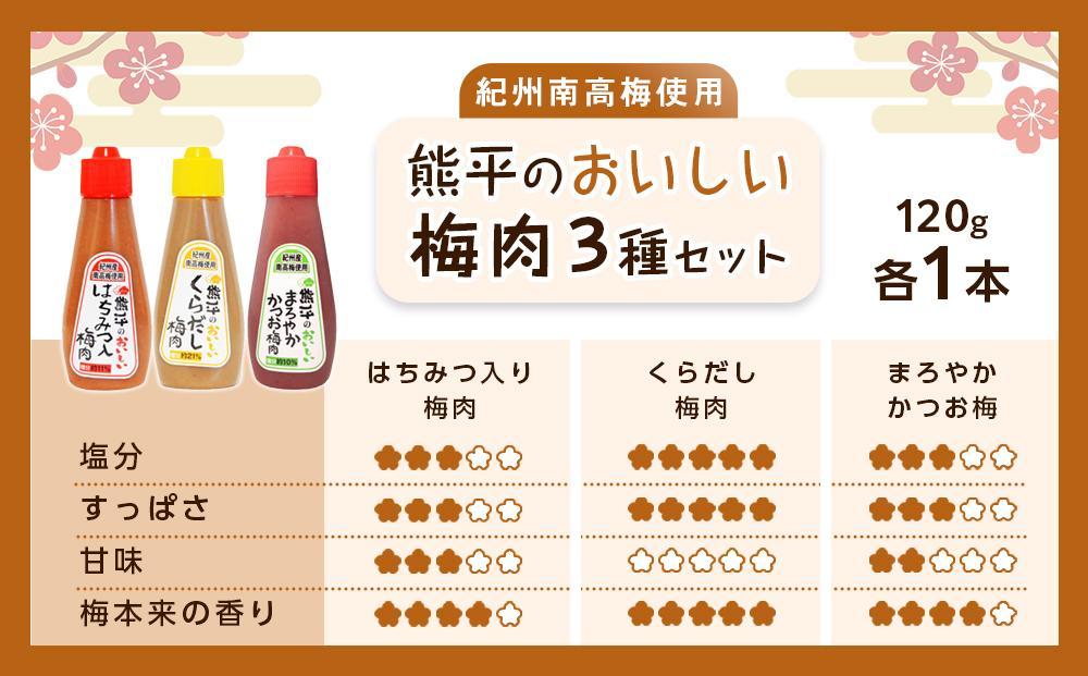 紀州南高梅使用 熊平のおいしい 梅肉 3種 3本 セット  合計約360g【 くらだし（塩分 約21％） はちみつ入り （塩分約11％） かつお (塩分約10％) 】