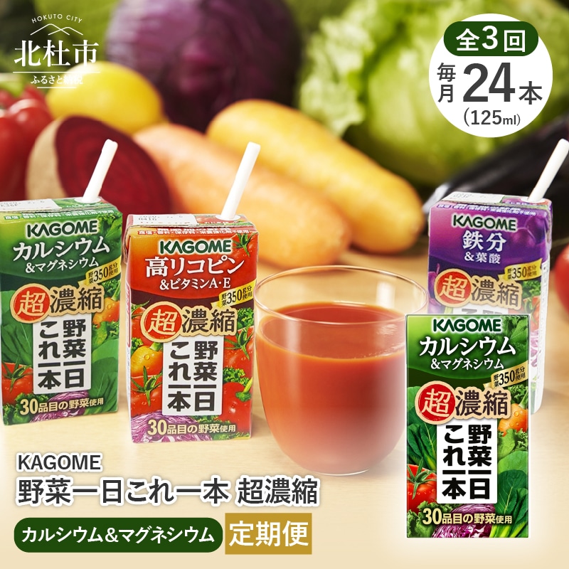 【ふるさと納税】 【3か月定期便】カゴメ 野菜一日これ一本 超濃縮 カルシウム＆マグネシウム 125ml 紙パック 24本入 野菜ジュース 濃縮ジュース 名水仕込 無添加 これ1本 野菜不足 350g 30品目 健康志向 飲料 送料無料