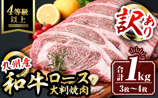 isa574 ＜訳あり＞九州産和牛ロース大判焼肉(合計1kg・3枚〜4枚) 4等級以上【サンキョーミート株式会社】