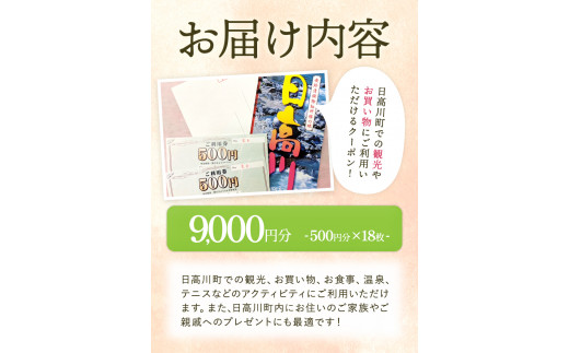 日高川町内の観光施設で利用できる「利用券」9,000円(500円券×18枚)きのくに中津荘《30日以内に出荷予定(土日祝除く)》---iwshg_kfknkr_30d_23_30000_18i---
