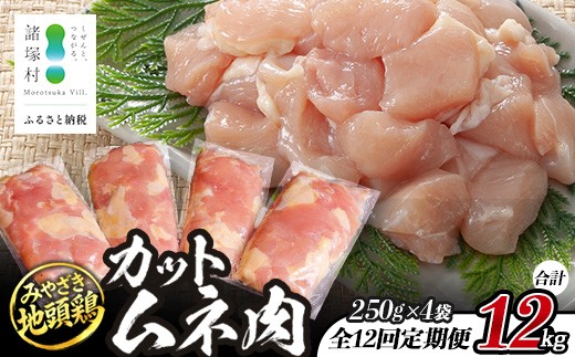 
                  【定期便全12回】みやざき地頭鶏 カットムネ肉 250g×4P×12回 冷凍｜家庭応援 鶏肉 地鶏 ムネ肉 カット肉 唐揚げ 焼き鳥 チキン南蛮 じとっこ 真空パック 小分け カット済み 定期便 12ヶ月 1年 毎月 連続 家事応援 家庭用 興洋開発株式会社 宮崎県 諸塚村 KY-37
                