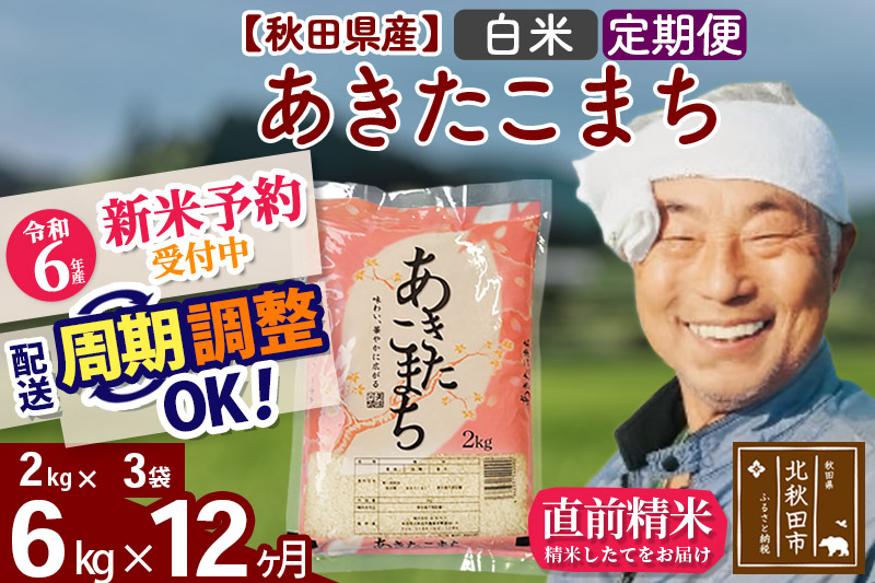 ※令和6年産 新米予約※《定期便12ヶ月》秋田県産 あきたこまち 6kg【白米】(2kg小分け袋) 2024年産 お届け時期選べる お届け周期調整可能 隔月に調整OK お米 おおもり